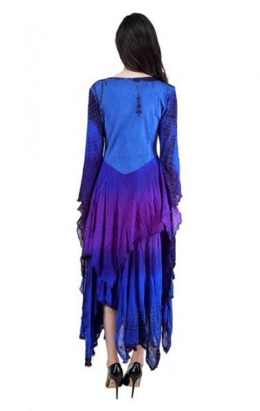 Blau-lilafarbenes gebatiktes zeitloses Kleid mit  Schnürung aus Spitze und Chiffon